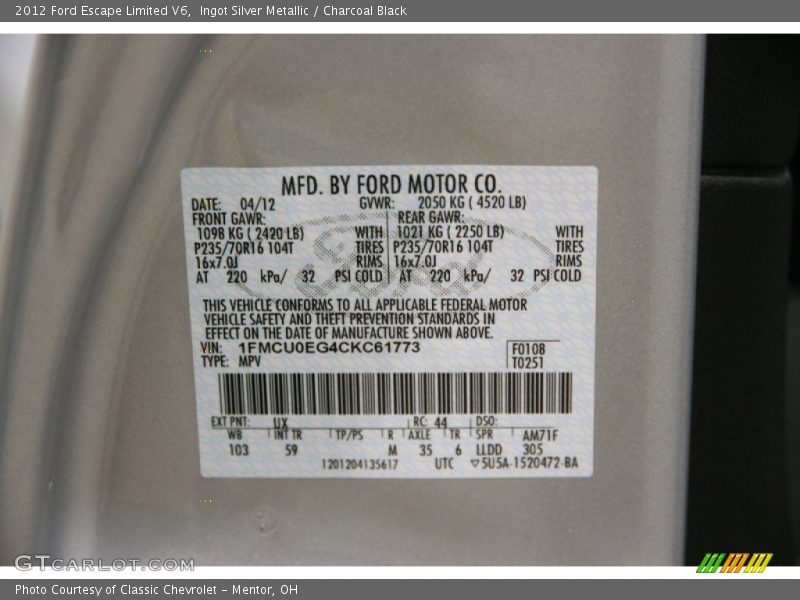 Ingot Silver Metallic / Charcoal Black 2012 Ford Escape Limited V6