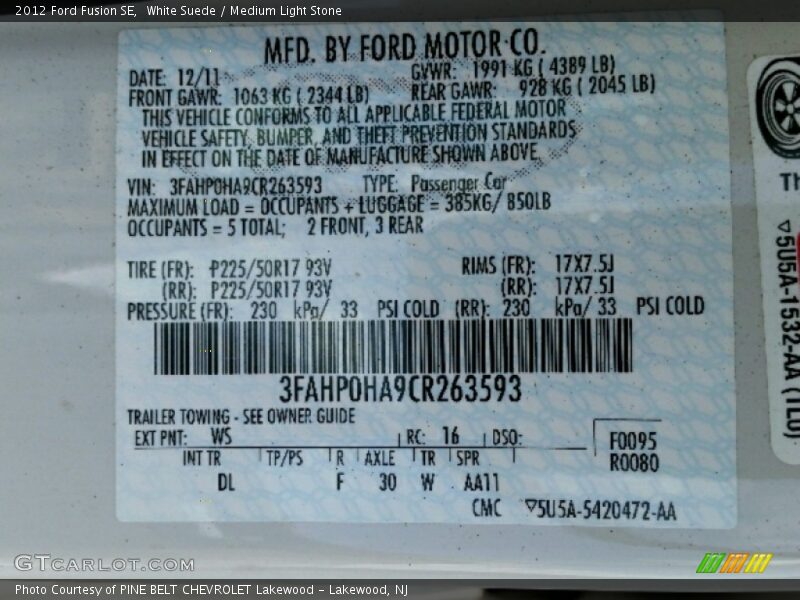 White Suede / Medium Light Stone 2012 Ford Fusion SE