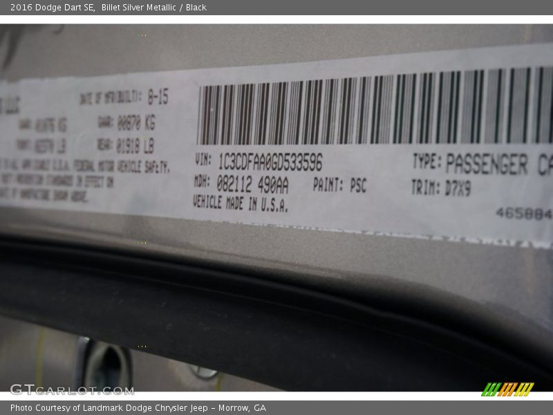 Billet Silver Metallic / Black 2016 Dodge Dart SE