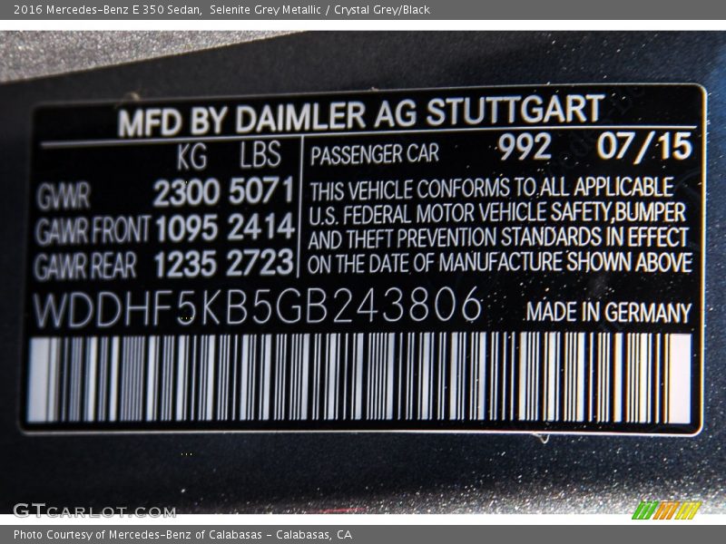 Selenite Grey Metallic / Crystal Grey/Black 2016 Mercedes-Benz E 350 Sedan