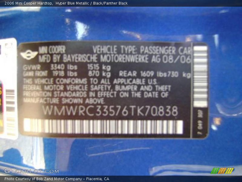 Hyper Blue Metallic / Black/Panther Black 2006 Mini Cooper Hardtop
