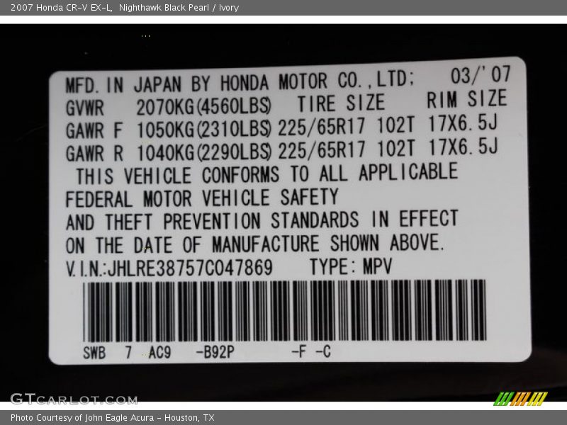 Nighthawk Black Pearl / Ivory 2007 Honda CR-V EX-L