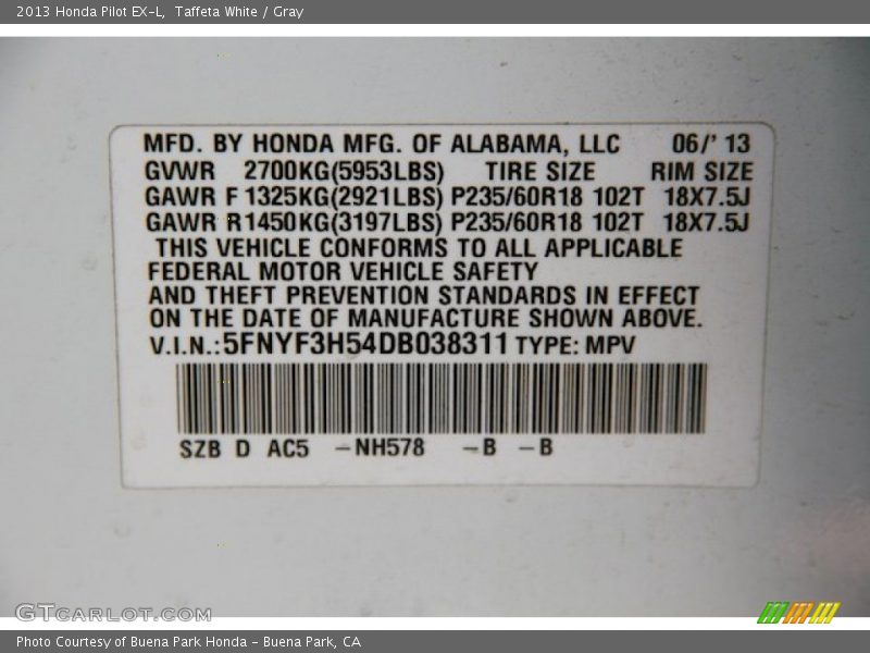 Taffeta White / Gray 2013 Honda Pilot EX-L