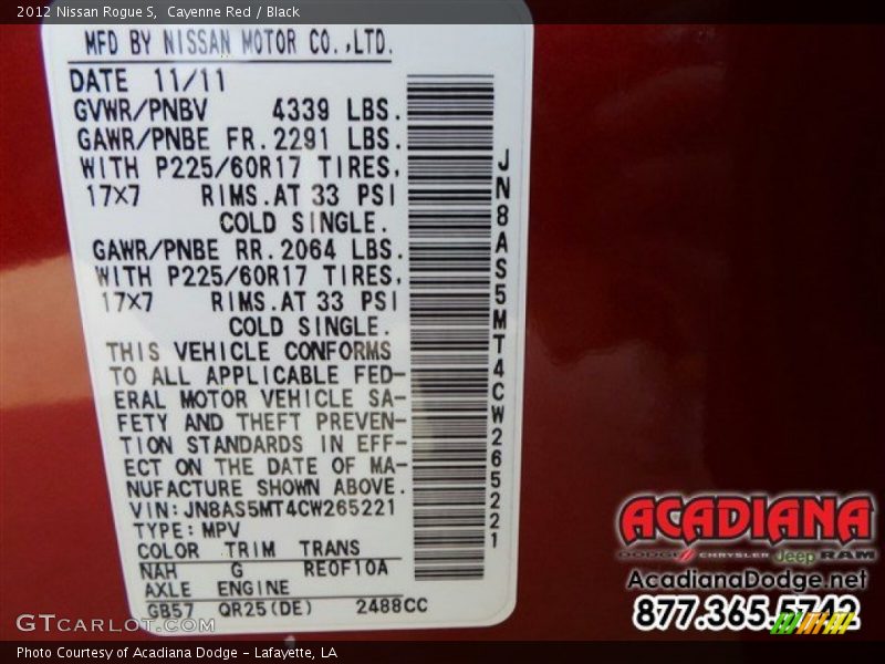 Cayenne Red / Black 2012 Nissan Rogue S