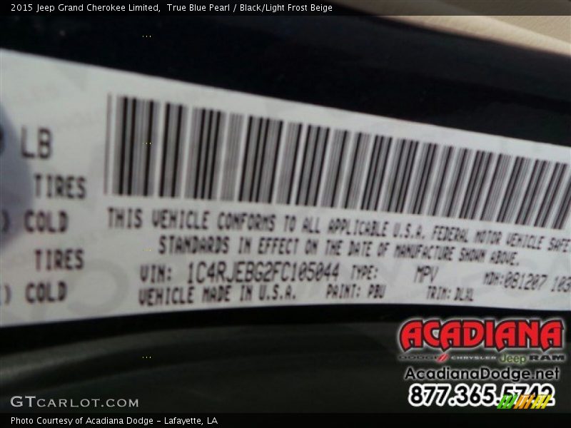 True Blue Pearl / Black/Light Frost Beige 2015 Jeep Grand Cherokee Limited