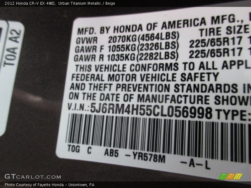 Urban Titanium Metallic / Beige 2012 Honda CR-V EX 4WD