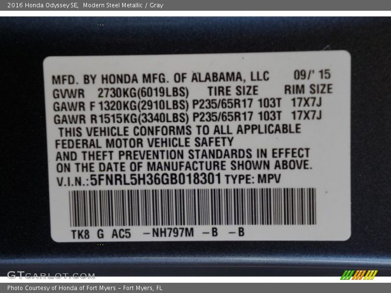 2016 Odyssey SE Modern Steel Metallic Color Code NH797M