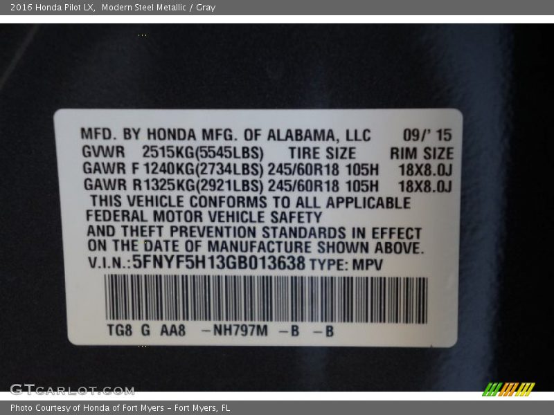 Modern Steel Metallic / Gray 2016 Honda Pilot LX