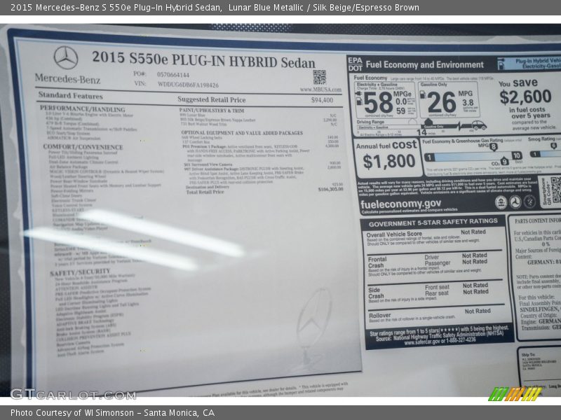  2015 S 550e Plug-In Hybrid Sedan Window Sticker
