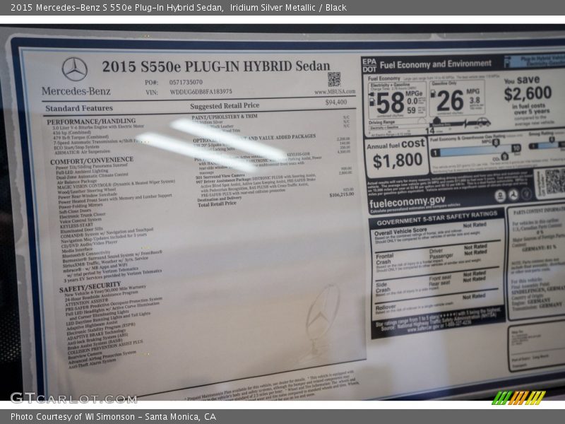 Iridium Silver Metallic / Black 2015 Mercedes-Benz S 550e Plug-In Hybrid Sedan