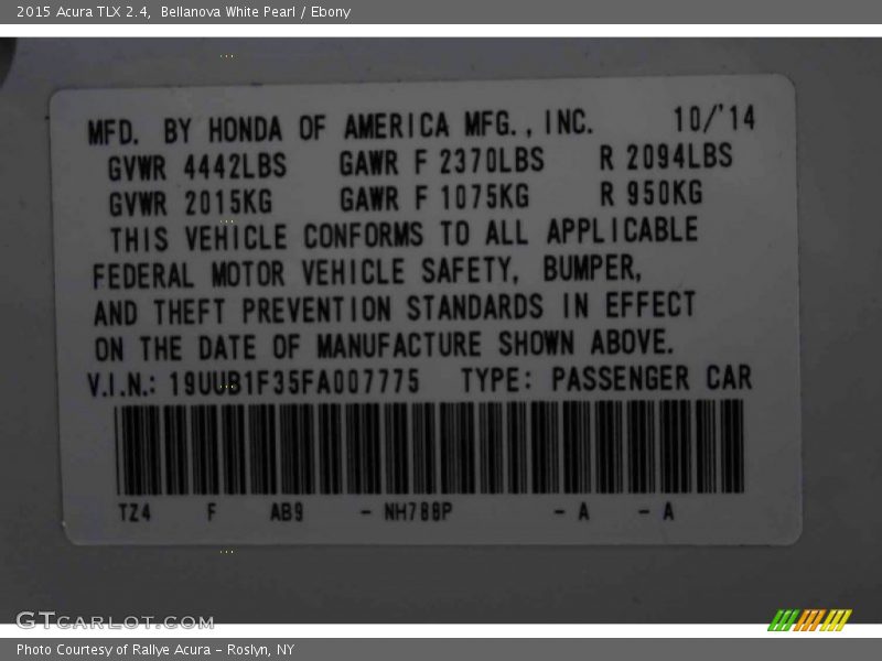 Bellanova White Pearl / Ebony 2015 Acura TLX 2.4