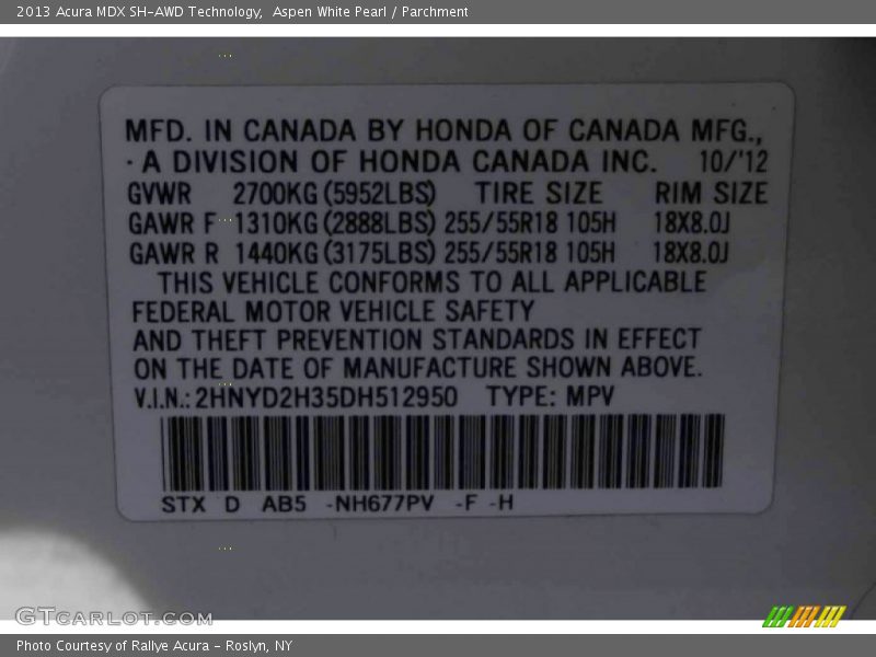 Aspen White Pearl / Parchment 2013 Acura MDX SH-AWD Technology