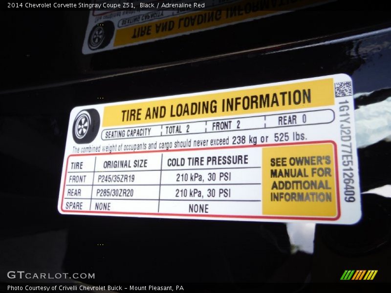 Info Tag of 2014 Corvette Stingray Coupe Z51