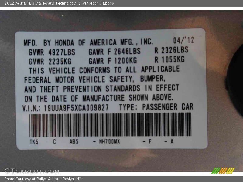 Silver Moon / Ebony 2012 Acura TL 3.7 SH-AWD Technology