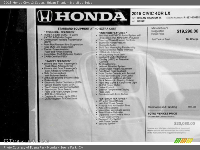 Urban Titanium Metallic / Beige 2015 Honda Civic LX Sedan