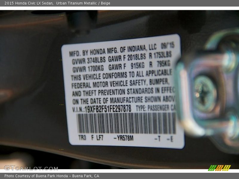 Urban Titanium Metallic / Beige 2015 Honda Civic LX Sedan