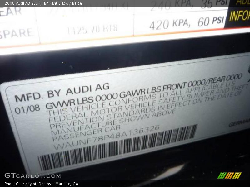 Brilliant Black / Beige 2008 Audi A3 2.0T