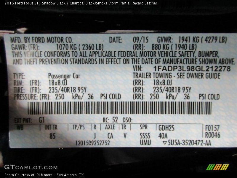 2016 Focus ST Shadow Black Color Code G1