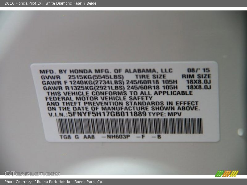 White Diamond Pearl / Beige 2016 Honda Pilot LX