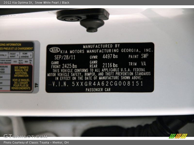 Snow White Pearl / Black 2012 Kia Optima SX
