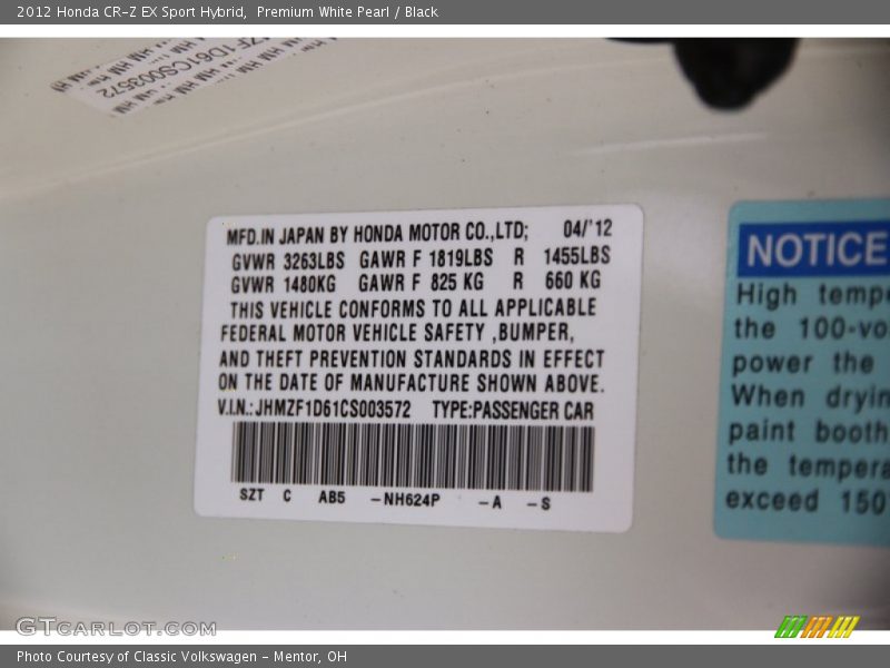Premium White Pearl / Black 2012 Honda CR-Z EX Sport Hybrid
