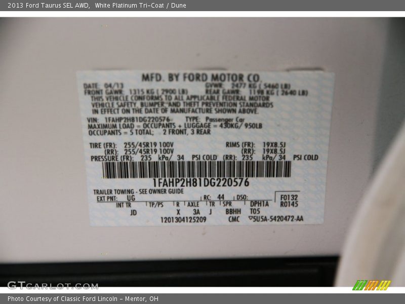 White Platinum Tri-Coat / Dune 2013 Ford Taurus SEL AWD