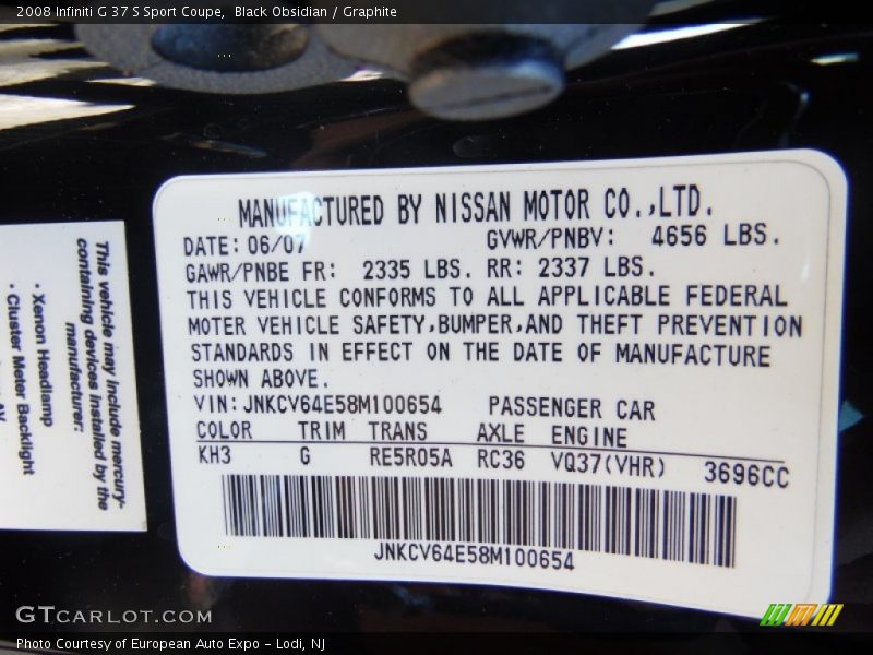 Black Obsidian / Graphite 2008 Infiniti G 37 S Sport Coupe