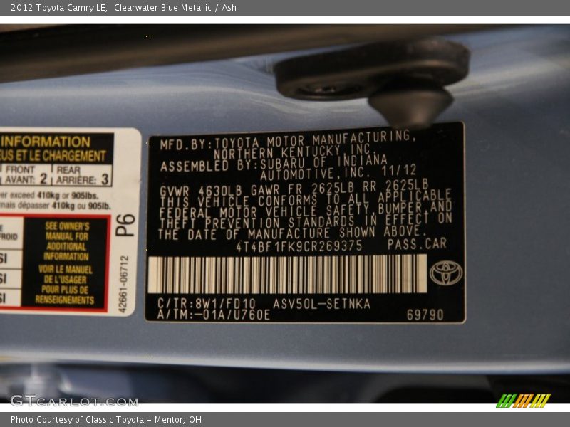 Clearwater Blue Metallic / Ash 2012 Toyota Camry LE