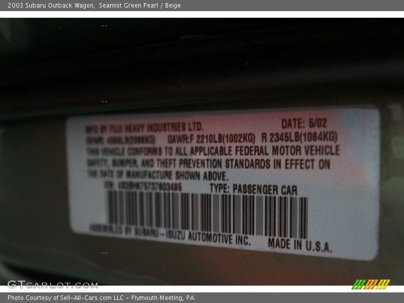 Seamist Green Pearl / Beige 2003 Subaru Outback Wagon