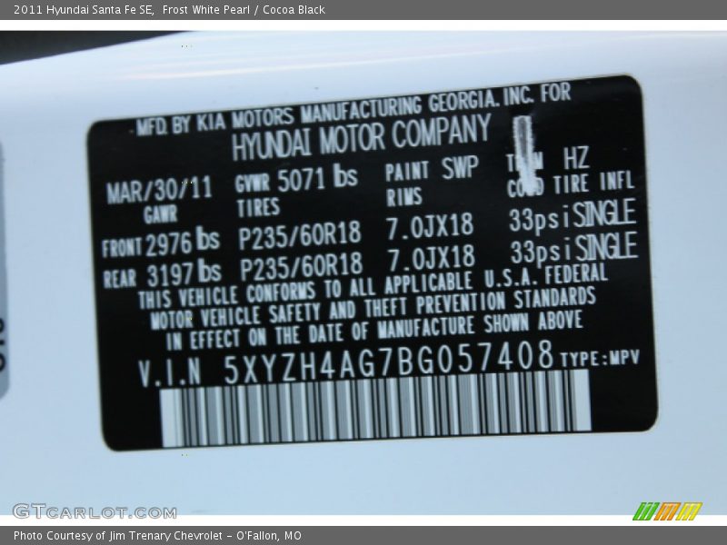 Frost White Pearl / Cocoa Black 2011 Hyundai Santa Fe SE