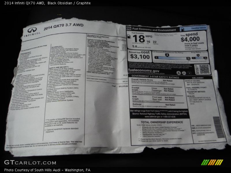  2014 QX70 AWD Window Sticker