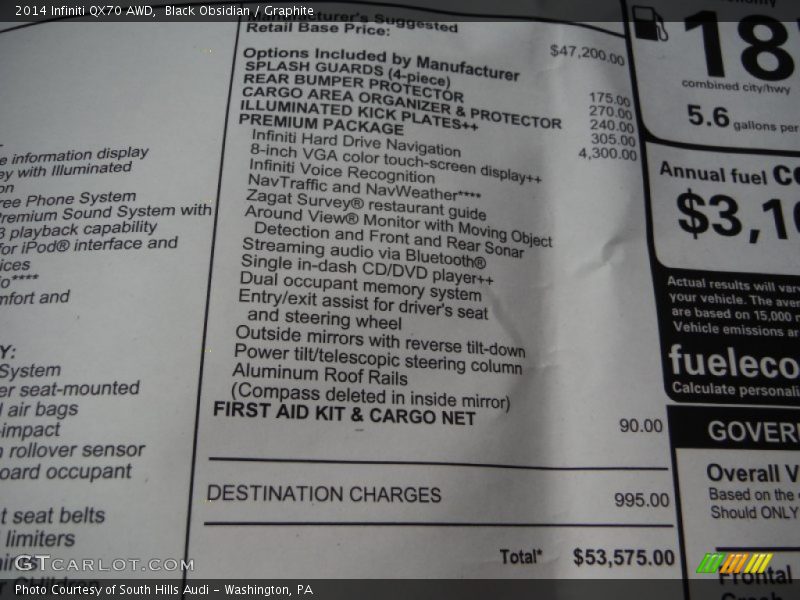  2014 QX70 AWD Window Sticker
