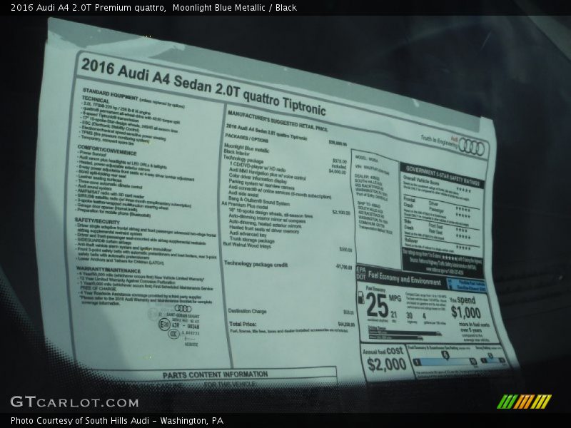 Moonlight Blue Metallic / Black 2016 Audi A4 2.0T Premium quattro