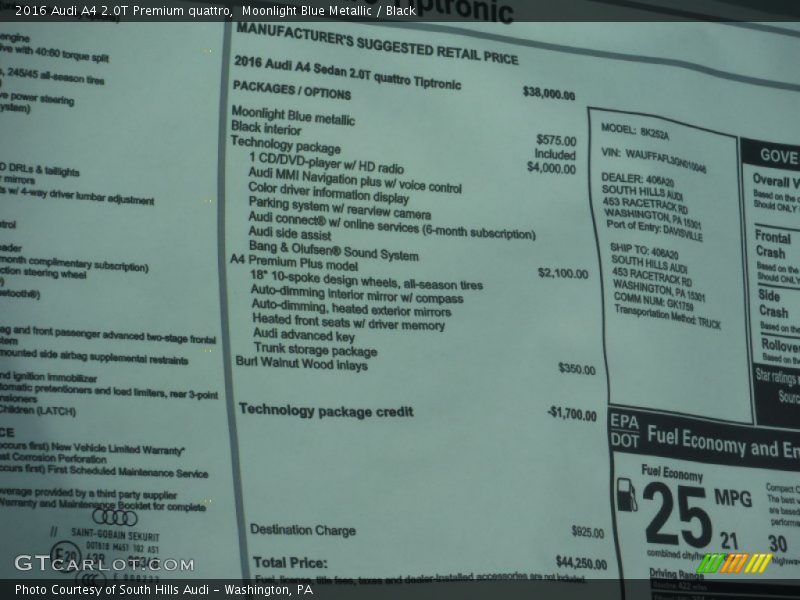 Moonlight Blue Metallic / Black 2016 Audi A4 2.0T Premium quattro