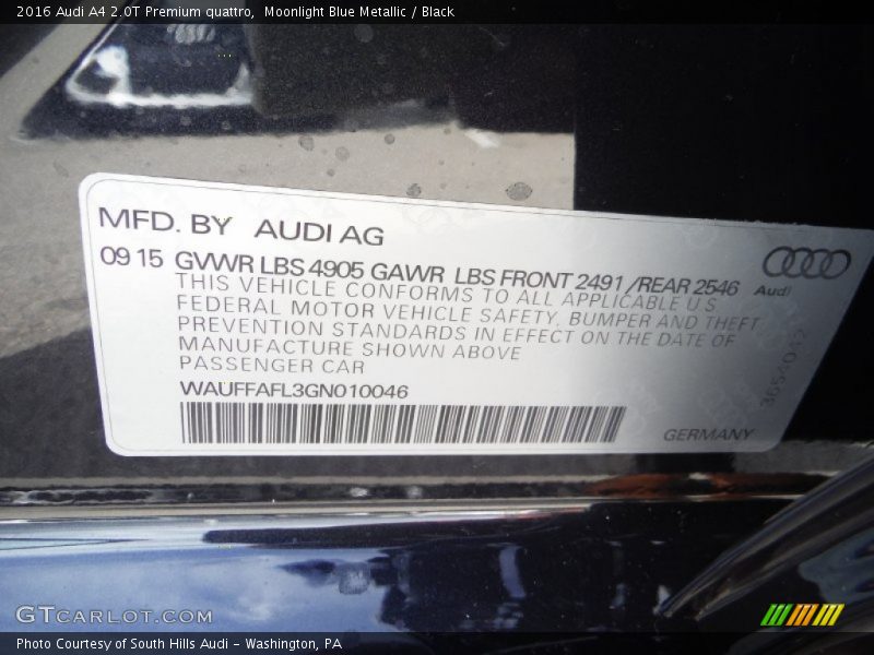 Moonlight Blue Metallic / Black 2016 Audi A4 2.0T Premium quattro