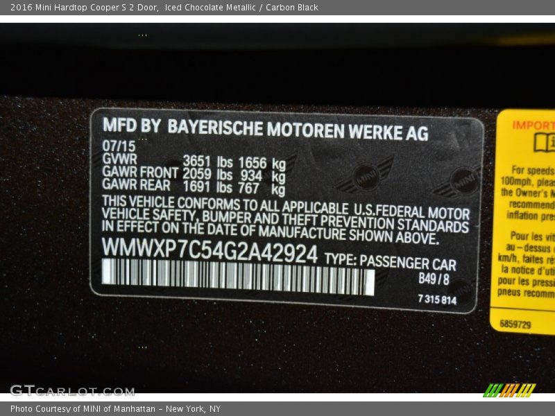 2016 Hardtop Cooper S 2 Door Iced Chocolate Metallic Color Code B49