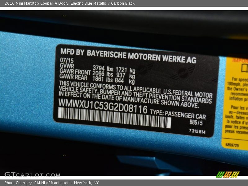 Electric Blue Metallic / Carbon Black 2016 Mini Hardtop Cooper 4 Door