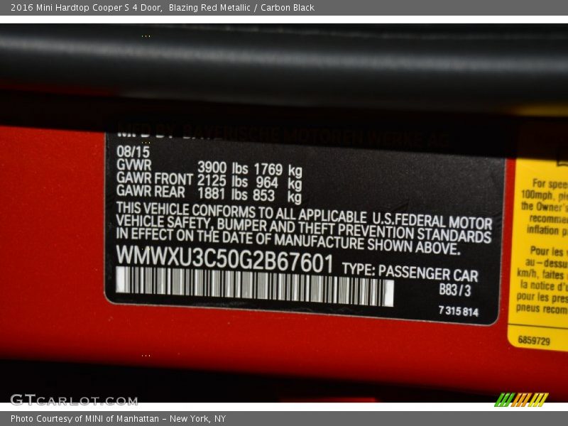 2016 Hardtop Cooper S 4 Door Blazing Red Metallic Color Code B83