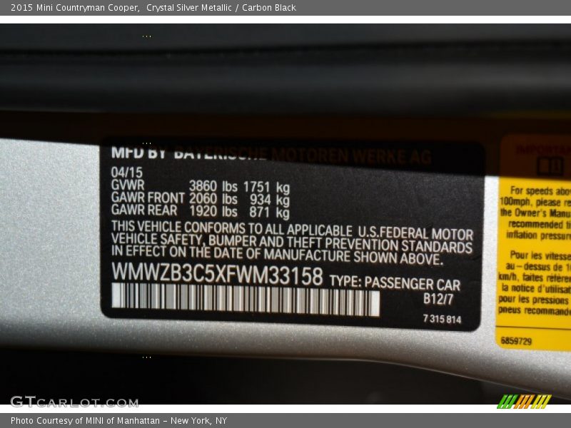 Crystal Silver Metallic / Carbon Black 2015 Mini Countryman Cooper