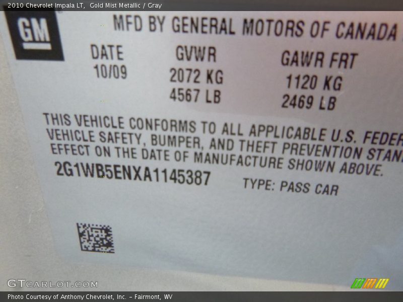 Gold Mist Metallic / Gray 2010 Chevrolet Impala LT