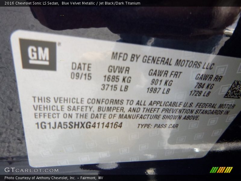 Blue Velvet Metallic / Jet Black/Dark Titanium 2016 Chevrolet Sonic LS Sedan