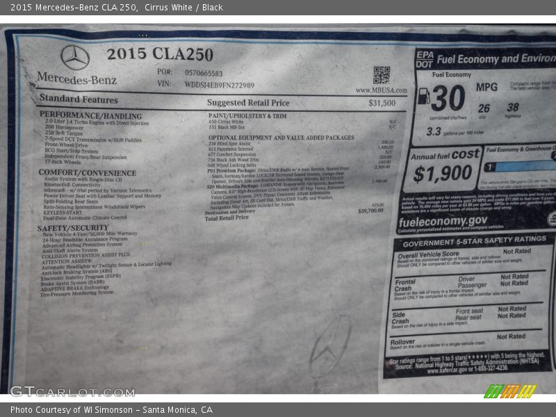 Cirrus White / Black 2015 Mercedes-Benz CLA 250