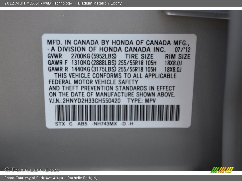 Palladium Metallic / Ebony 2012 Acura MDX SH-AWD Technology