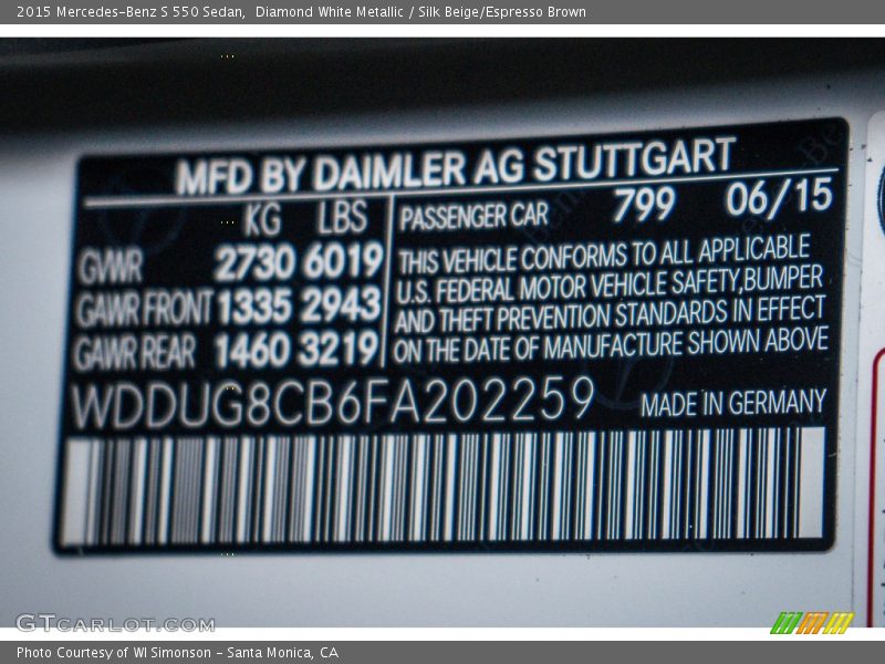 Diamond White Metallic / Silk Beige/Espresso Brown 2015 Mercedes-Benz S 550 Sedan
