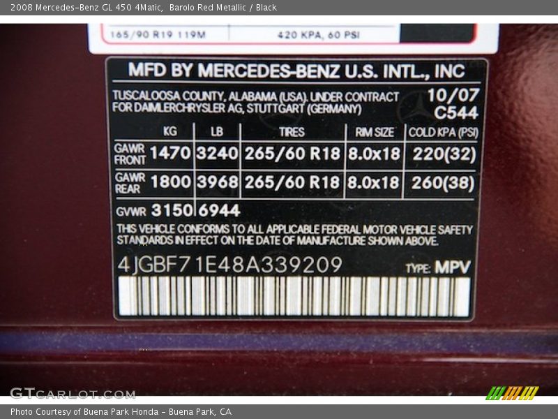 2008 GL 450 4Matic Barolo Red Metallic Color Code 544