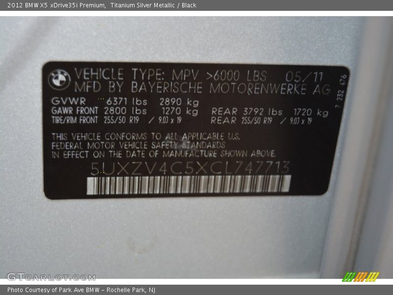 Titanium Silver Metallic / Black 2012 BMW X5 xDrive35i Premium