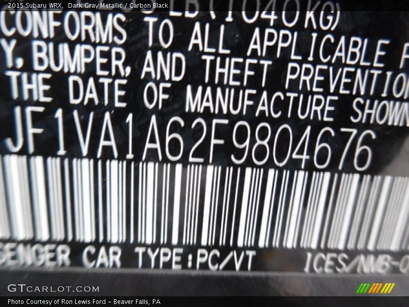 Dark Gray Metallic / Carbon Black 2015 Subaru WRX