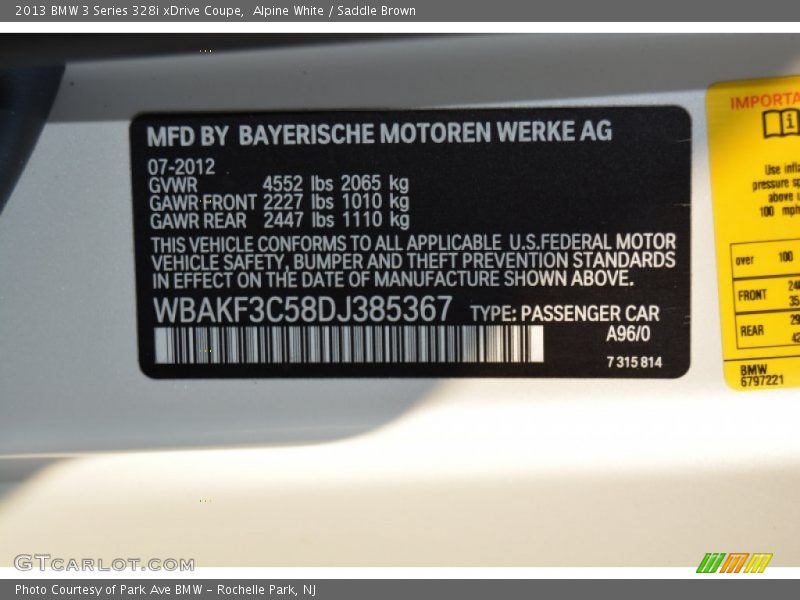 Alpine White / Saddle Brown 2013 BMW 3 Series 328i xDrive Coupe