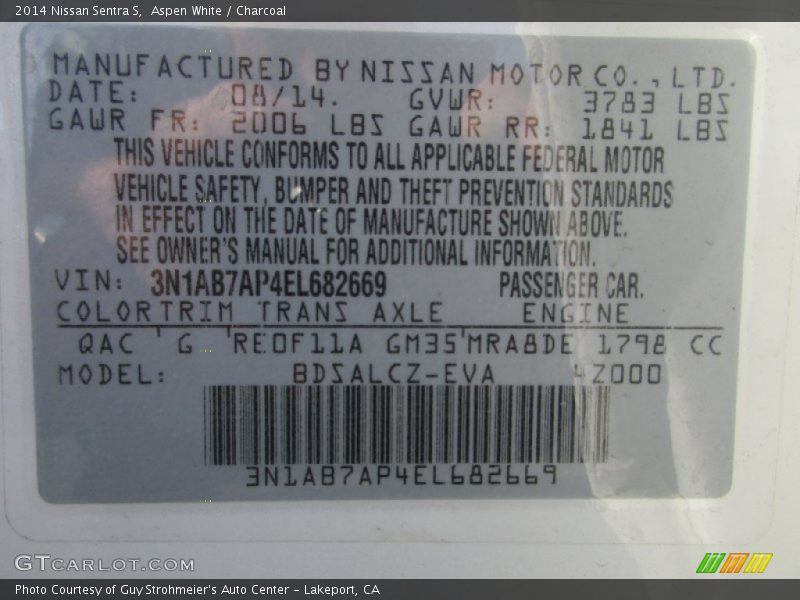 Aspen White / Charcoal 2014 Nissan Sentra S