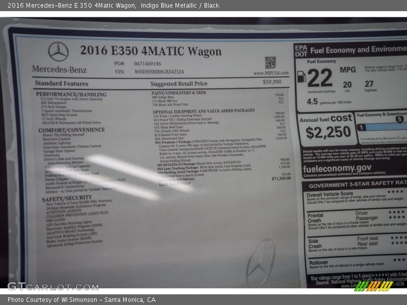  2016 E 350 4Matic Wagon Window Sticker